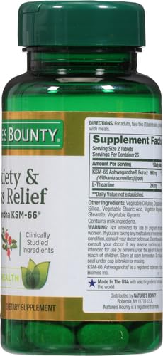 Nature’s Bounty Anxiety & Stress Relief Ashwagandha KSM 66 Tablets, Mood Support, 50 Count