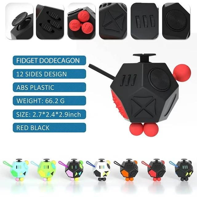 Fidget Dodecagon –12 Side Fidget Toy Cube Relieves Stress and Anxiety Anti Depression Cube for Children and Adults Easter Basket Stuffers Gift Idea (A4 Black red)