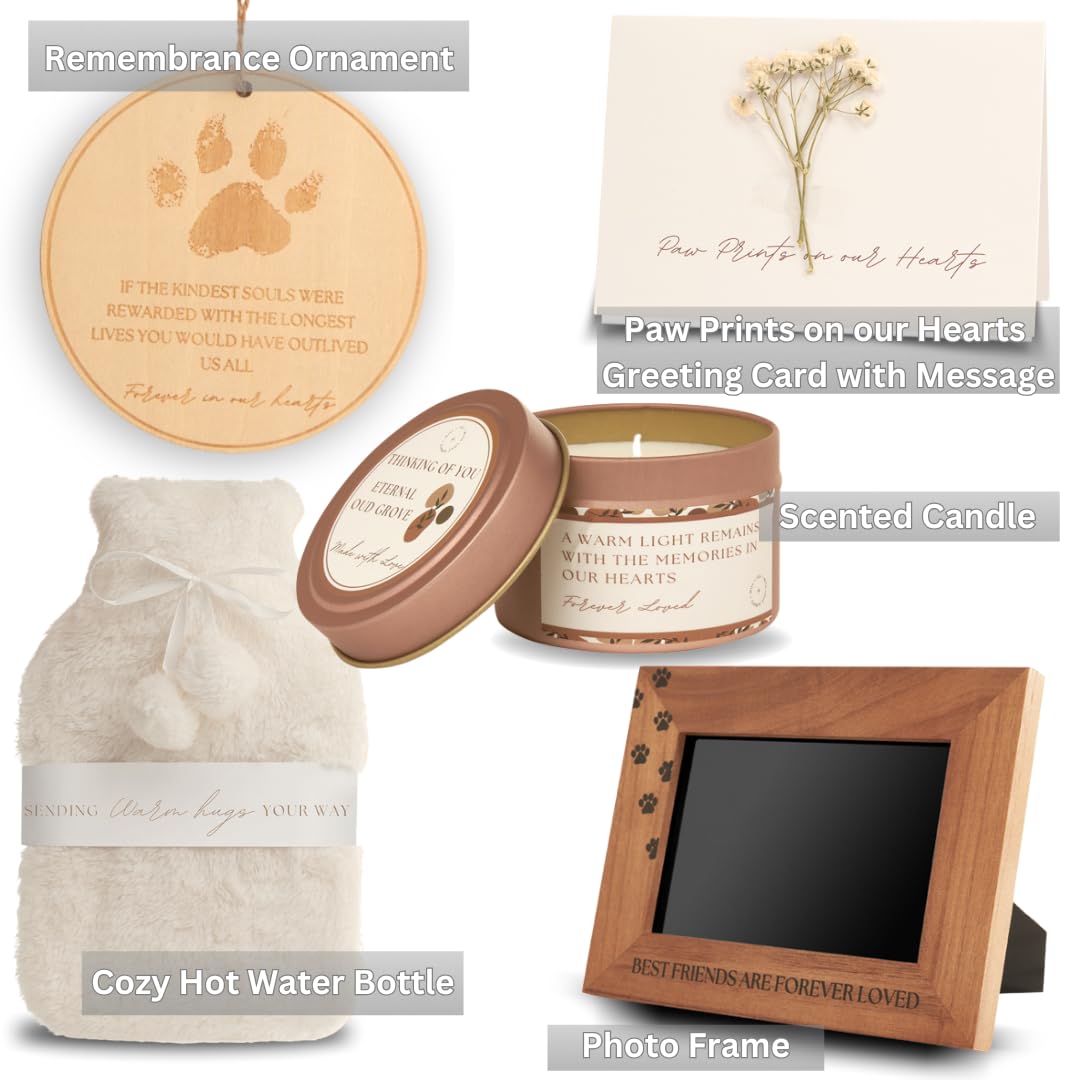 Pet Loss Bereavement Gift Box, Thoughtful Gifts for the Holidays, Photo Frame, Hanging Remembrance Ornament, Sympathy Card, Comforting Hot Water Bottle, Scented Memory Candle