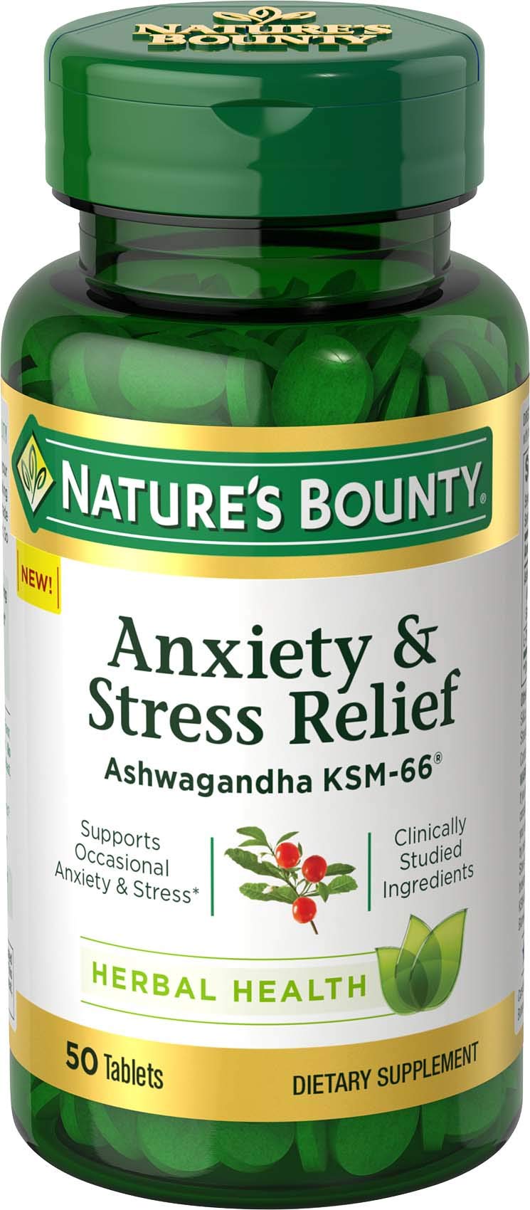 Nature’s Bounty Anxiety & Stress Relief Ashwagandha KSM 66 Tablets, Mood Support, 50 Count