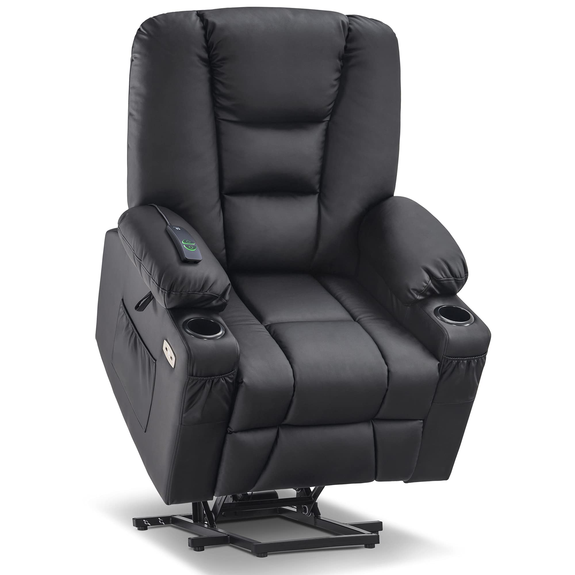 MCombo Power Lift Recliner Chair with Massage and Heat for Elderly People, Cup Holders, USB Ports, Side Pockets, Faux Leather 7519 (Medium, Black)