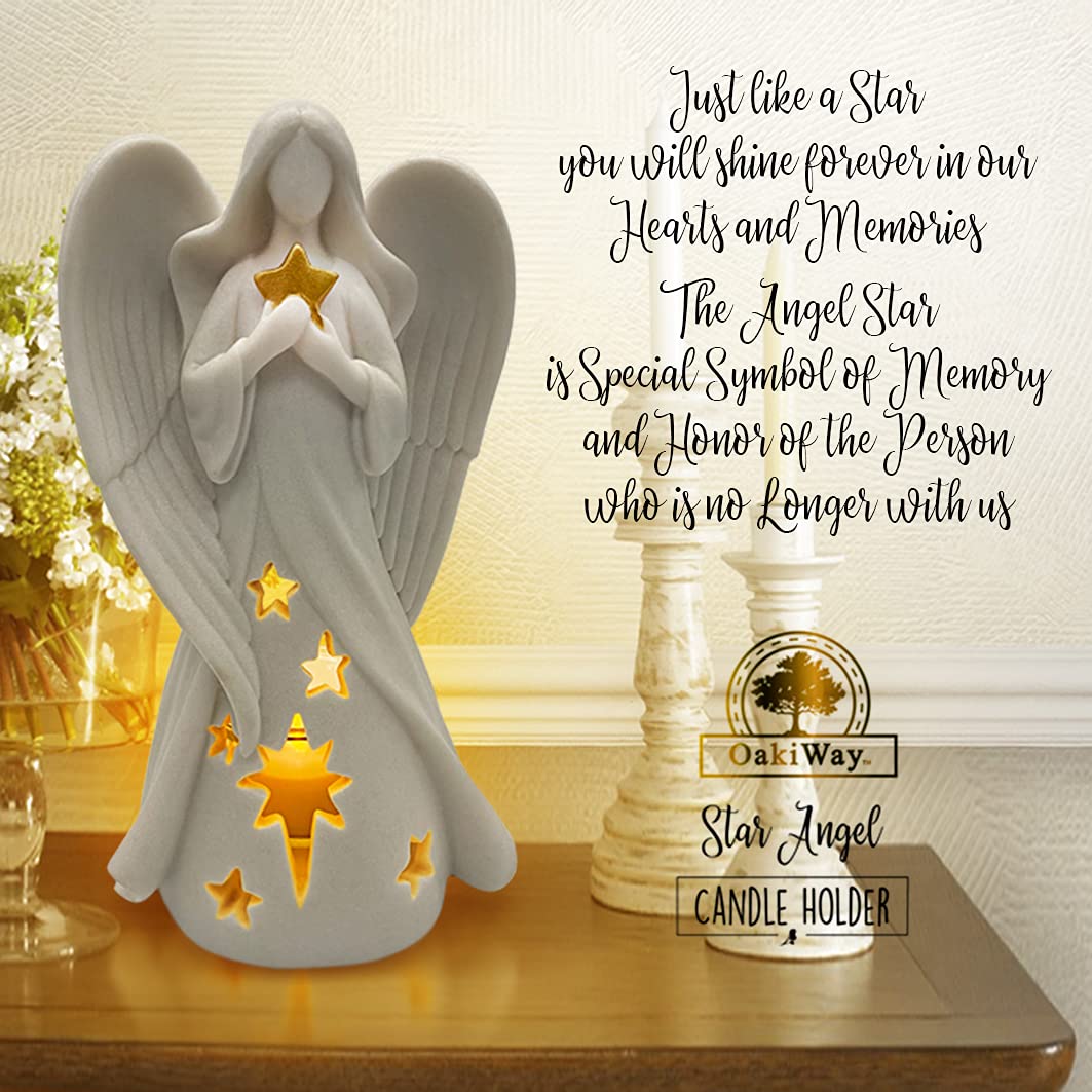 OakiWay Memorial Gifts - Star Angel Figurines Tealight Candle Holder, Sympathy Gifts for Loss of Loved One, W/Flickering LED Candle, Bereavement, Grief, Funeral, Remembrance, Memory Home Decorations