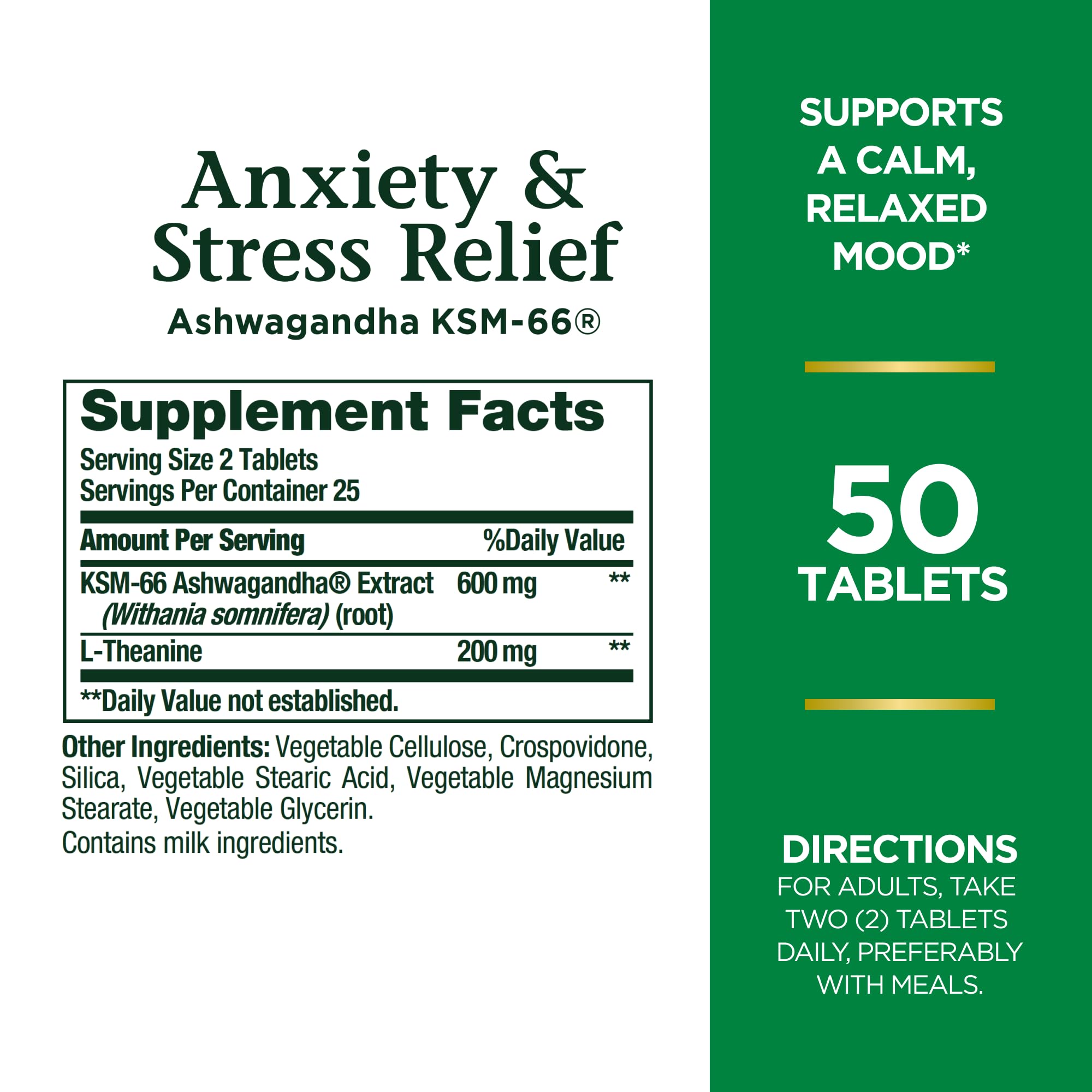 Nature’s Bounty Anxiety & Stress Relief Ashwagandha KSM 66 Tablets, Mood Support, 50 Count