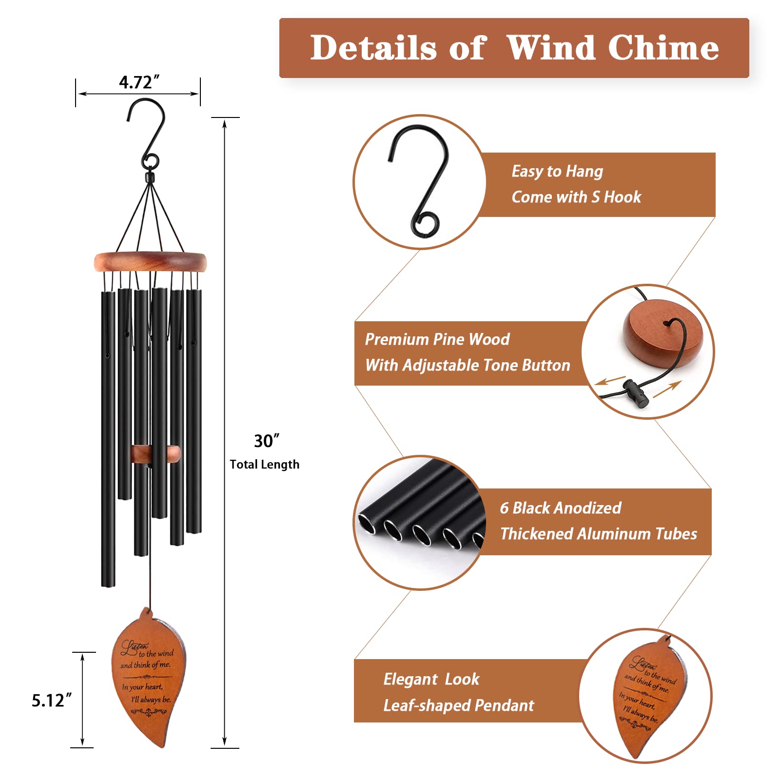 Soopau Memorial Sympathy Wind Chimes, Sympathy Gift Baskets in Memory of a Loved One Mother Father for Memorial/Bereavement/Condolence, 30" Wooden