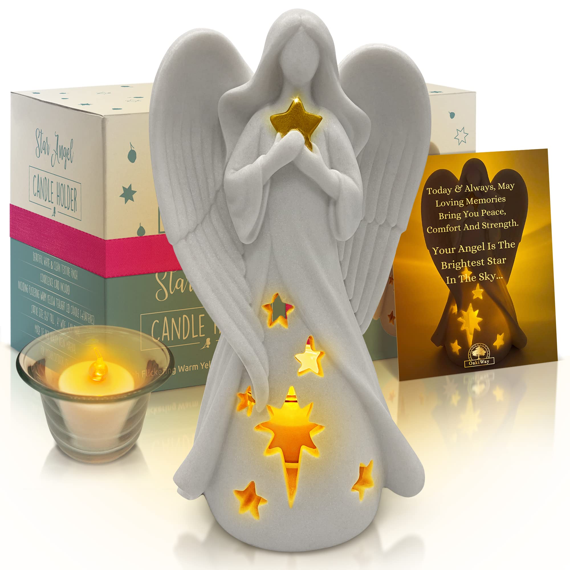 OakiWay Memorial Gifts - Star Angel Figurines Tealight Candle Holder, Sympathy Gifts for Loss of Loved One, W/Flickering LED Candle, Bereavement, Grief, Funeral, Remembrance, Memory Home Decorations