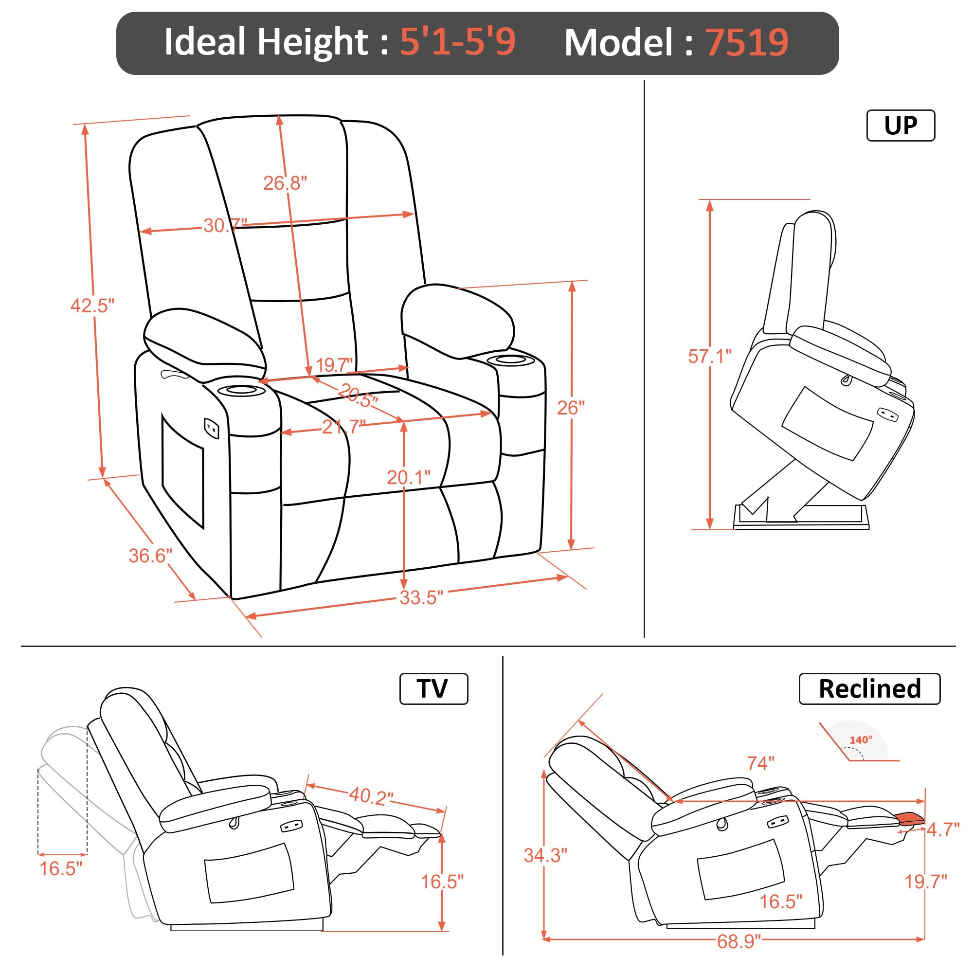 MCombo Power Lift Recliner Chair with Massage and Heat for Elderly People, Cup Holders, USB Ports, Side Pockets, Faux Leather 7519 (Medium, Black)