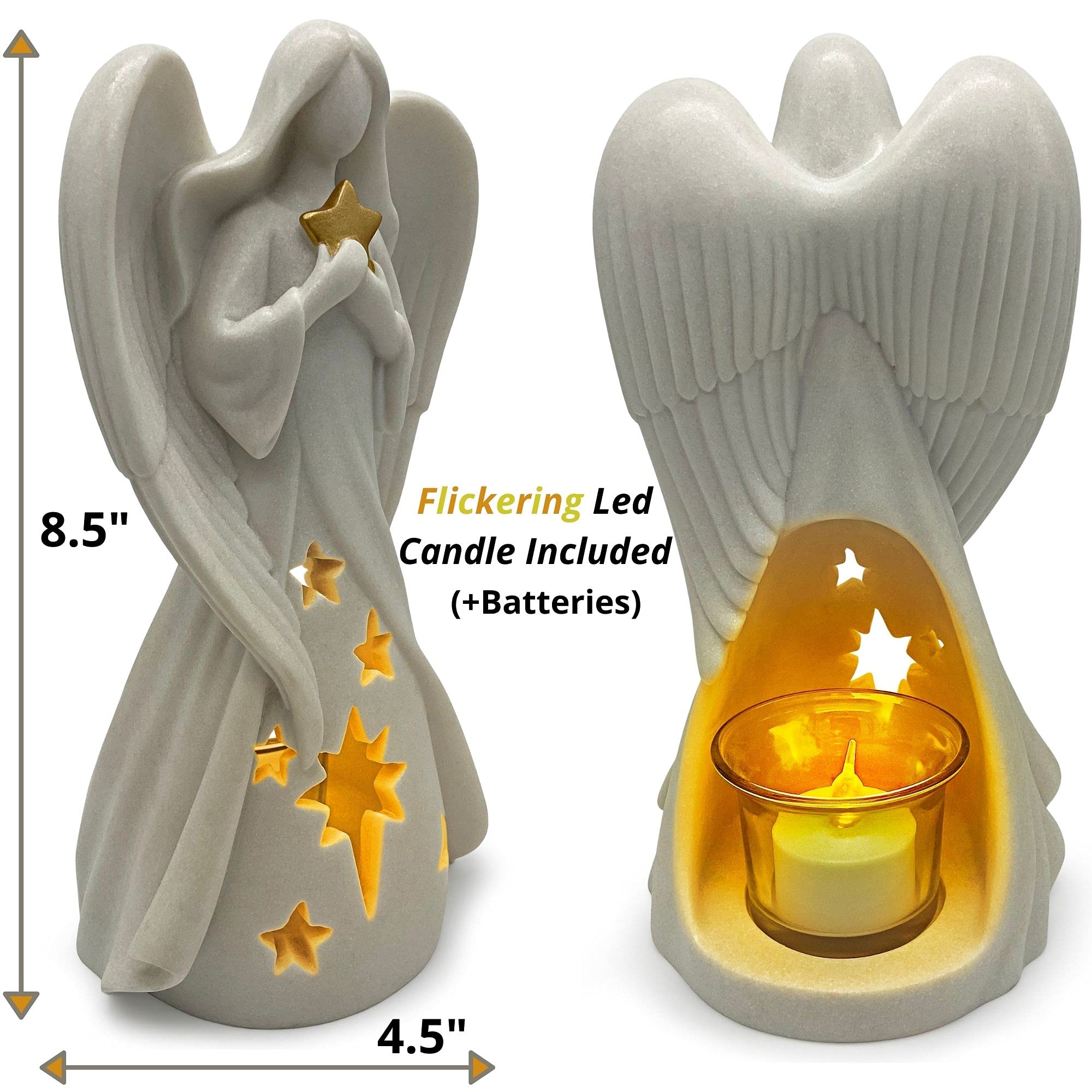 OakiWay Memorial Gifts - Star Angel Figurines Tealight Candle Holder, Sympathy Gifts for Loss of Loved One, W/Flickering LED Candle, Bereavement, Grief, Funeral, Remembrance, Memory Home Decorations