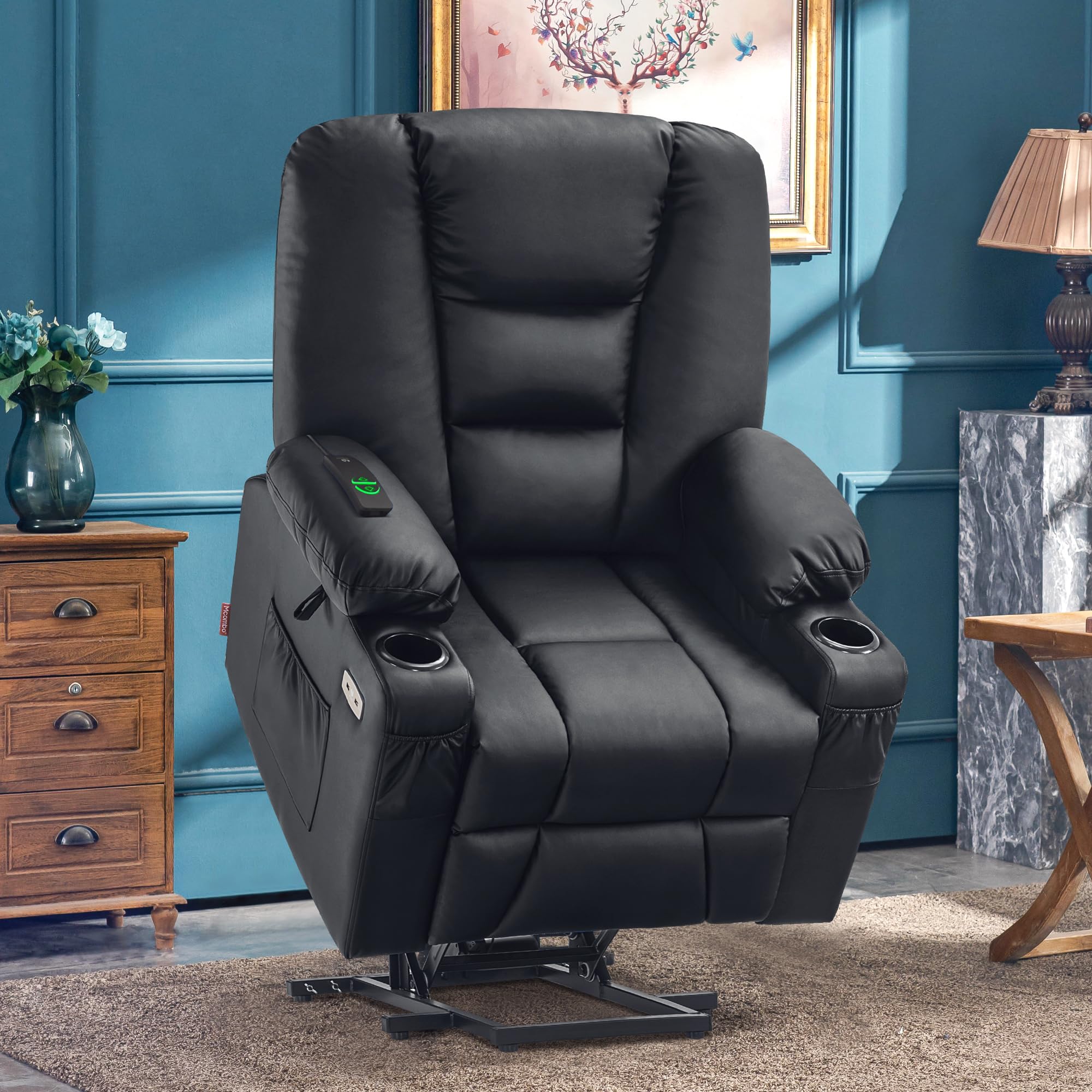 MCombo Power Lift Recliner Chair with Massage and Heat for Elderly People, Cup Holders, USB Ports, Side Pockets, Faux Leather 7519 (Medium, Black)