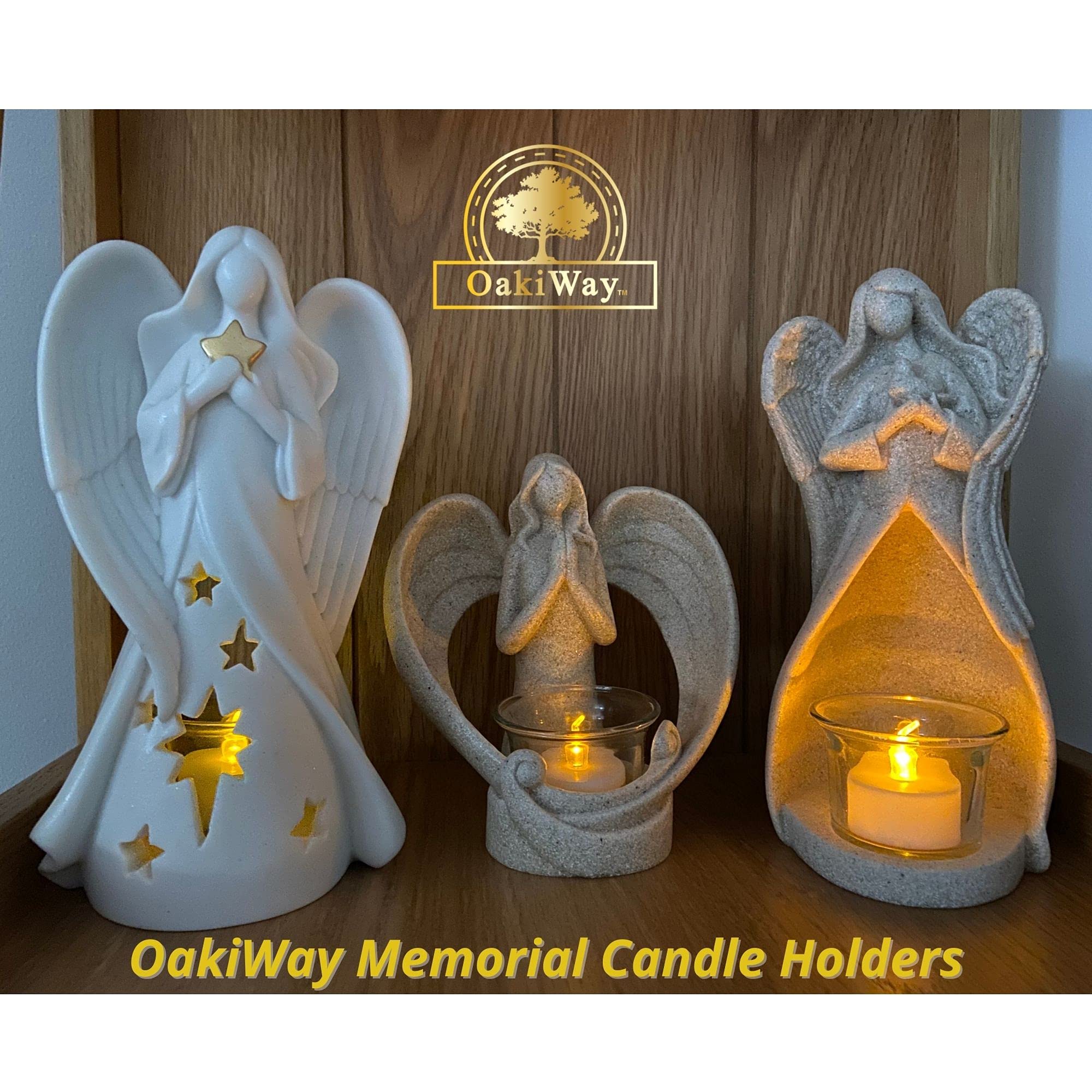 OakiWay Memorial Gifts - Star Angel Figurines Tealight Candle Holder, Sympathy Gifts for Loss of Loved One, W/Flickering LED Candle, Bereavement, Grief, Funeral, Remembrance, Memory Home Decorations