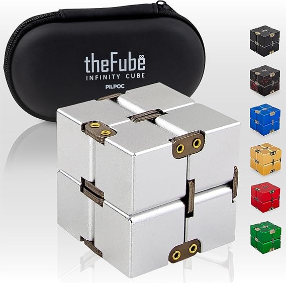 PILPOC theFube Infinity Cube Fidget Desk Toy - Aluminum Infinite Magic Cube with Case, Sturdy, Heavy, Relieve Stress and Anxiety, for ADD, ADHD, OCD (Silver)