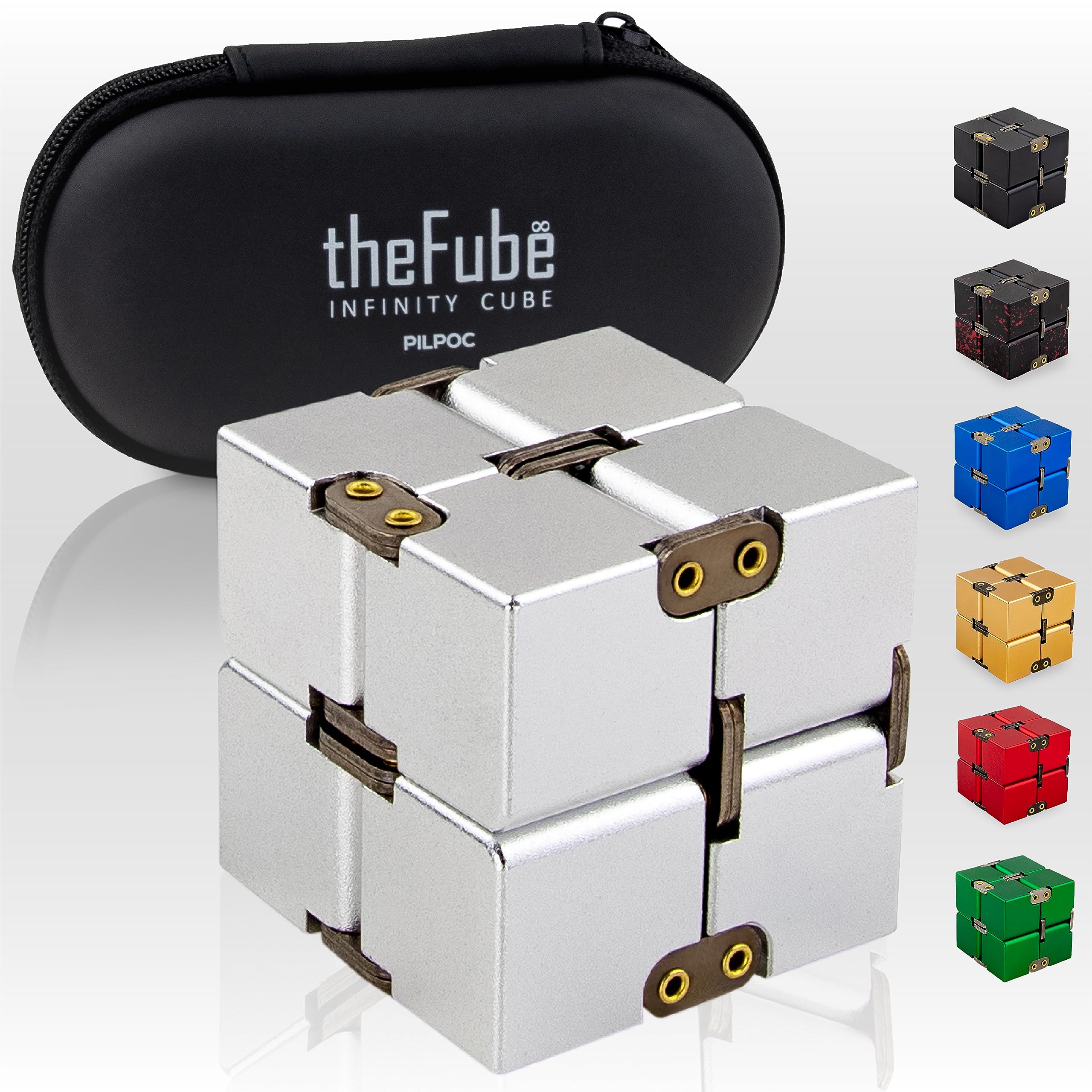 PILPOC theFube Infinity Cube Fidget Desk Toy - Aluminum Infinite Magic Cube with Case, Sturdy, Heavy, Relieve Stress and Anxiety, for ADD, ADHD, OCD (Silver)